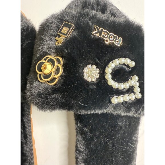 Black Faux Fur Slides W/ Pearl & Gold Embellishments Womens - Picture 3 of 7